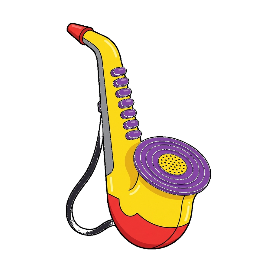 A bright yellow plastic toy shaped loosely like a saxophone, with a grey
                  panel down its neck, a red tip at the top, eight purple oval buttons in a
                  row, a large purple disc of concentric rings with a yellow dotted speaker
                  grille at its centre, a red and yellow bulbous base, and a black neck strap.